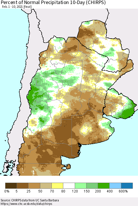 Southern South America Percent of Normal Precipitation 10-Day (CHIRPS) Thematic Map For 2/1/2021 - 2/10/2021