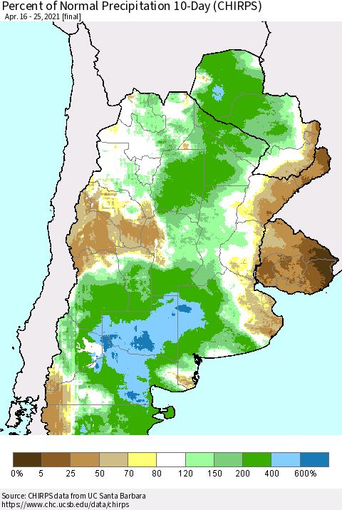 Southern South America Percent of Normal Precipitation 10-Day (CHIRPS) Thematic Map For 4/16/2021 - 4/25/2021