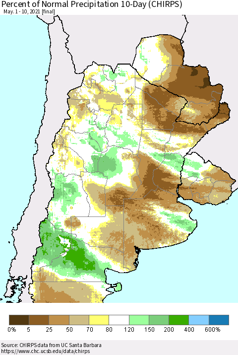Southern South America Percent of Normal Precipitation 10-Day (CHIRPS) Thematic Map For 5/1/2021 - 5/10/2021
