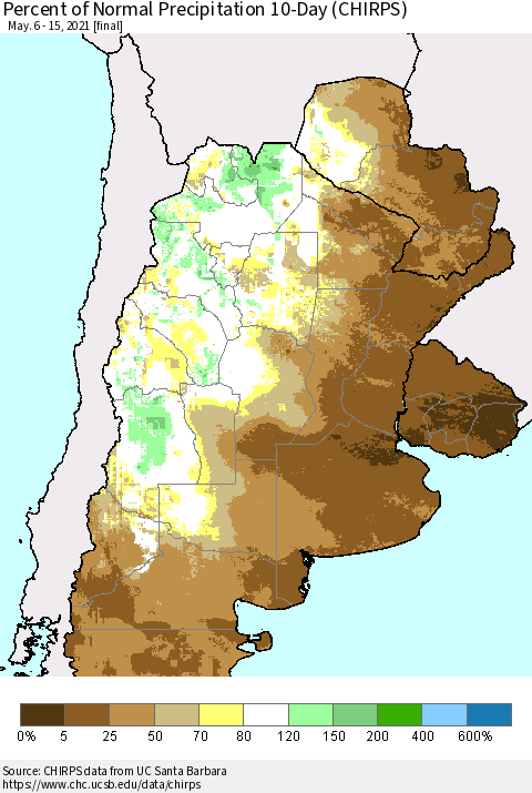 Southern South America Percent of Normal Precipitation 10-Day (CHIRPS) Thematic Map For 5/6/2021 - 5/15/2021