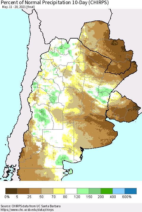 Southern South America Percent of Normal Precipitation 10-Day (CHIRPS) Thematic Map For 5/11/2021 - 5/20/2021