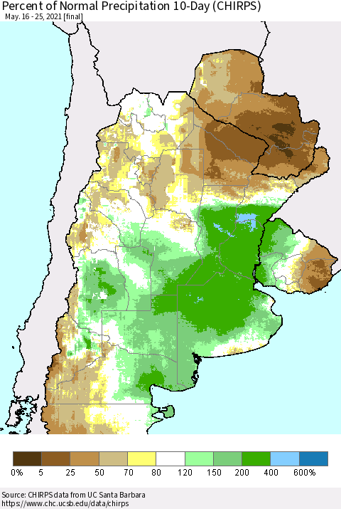 Southern South America Percent of Normal Precipitation 10-Day (CHIRPS) Thematic Map For 5/16/2021 - 5/25/2021