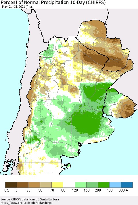 Southern South America Percent of Normal Precipitation 10-Day (CHIRPS) Thematic Map For 5/21/2021 - 5/31/2021