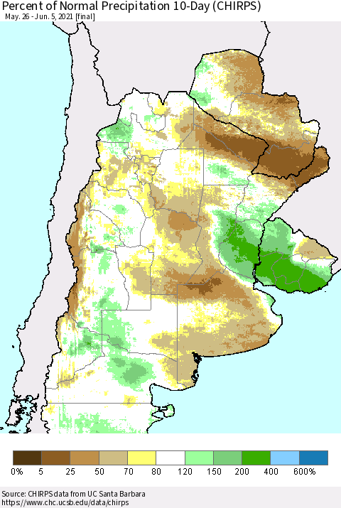 Southern South America Percent of Normal Precipitation 10-Day (CHIRPS) Thematic Map For 5/26/2021 - 6/5/2021