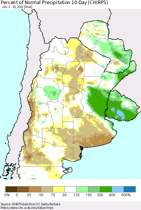 Southern South America Percent of Normal Precipitation 10-Day (CHIRPS) Thematic Map For 6/1/2021 - 6/10/2021