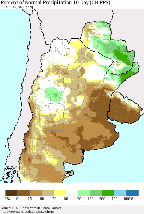 Southern South America Percent of Normal Precipitation 10-Day (CHIRPS) Thematic Map For 6/6/2021 - 6/15/2021