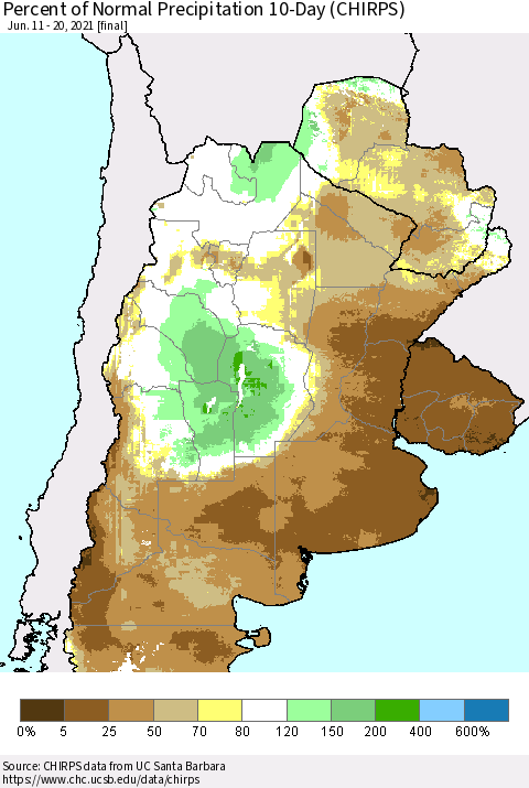 Southern South America Percent of Normal Precipitation 10-Day (CHIRPS) Thematic Map For 6/11/2021 - 6/20/2021