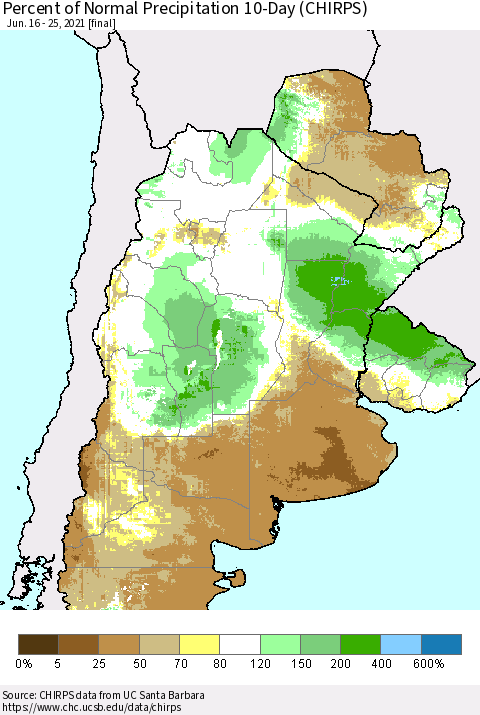Southern South America Percent of Normal Precipitation 10-Day (CHIRPS) Thematic Map For 6/16/2021 - 6/25/2021