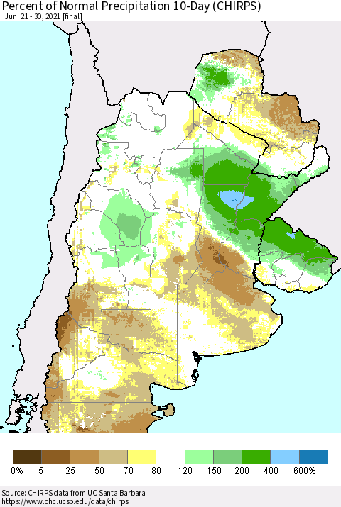 Southern South America Percent of Normal Precipitation 10-Day (CHIRPS) Thematic Map For 6/21/2021 - 6/30/2021