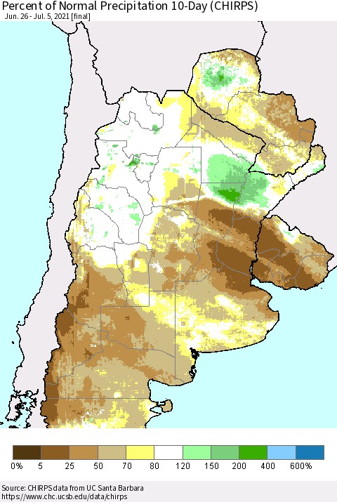 Southern South America Percent of Normal Precipitation 10-Day (CHIRPS) Thematic Map For 6/26/2021 - 7/5/2021