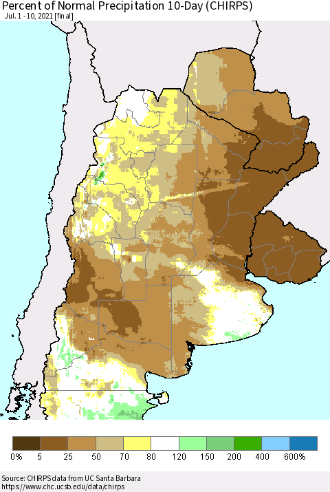 Southern South America Percent of Normal Precipitation 10-Day (CHIRPS) Thematic Map For 7/1/2021 - 7/10/2021