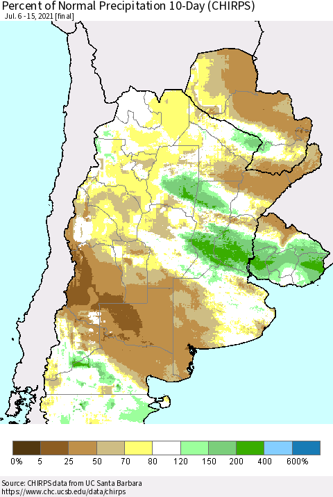Southern South America Percent of Normal Precipitation 10-Day (CHIRPS) Thematic Map For 7/6/2021 - 7/15/2021
