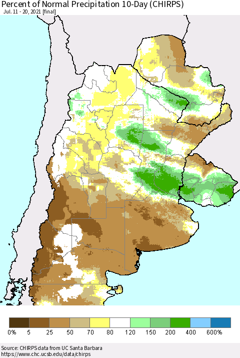 Southern South America Percent of Normal Precipitation 10-Day (CHIRPS) Thematic Map For 7/11/2021 - 7/20/2021