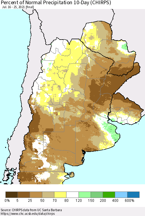 Southern South America Percent of Normal Precipitation 10-Day (CHIRPS) Thematic Map For 7/16/2021 - 7/25/2021
