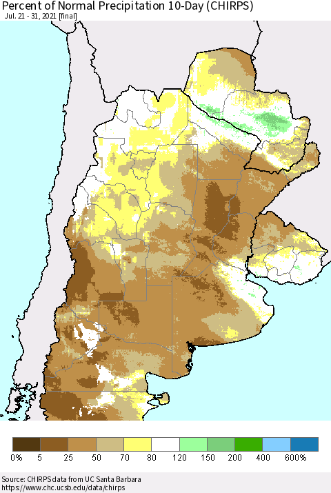 Southern South America Percent of Normal Precipitation 10-Day (CHIRPS) Thematic Map For 7/21/2021 - 7/31/2021