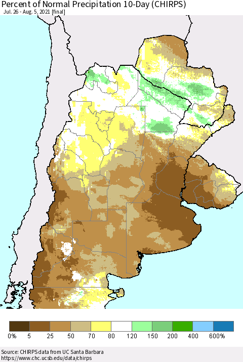 Southern South America Percent of Normal Precipitation 10-Day (CHIRPS) Thematic Map For 7/26/2021 - 8/5/2021