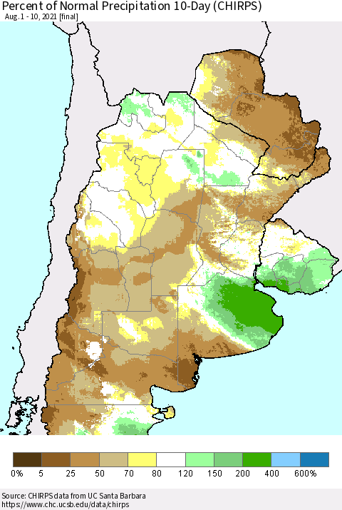 Southern South America Percent of Normal Precipitation 10-Day (CHIRPS) Thematic Map For 8/1/2021 - 8/10/2021