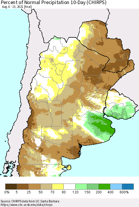 Southern South America Percent of Normal Precipitation 10-Day (CHIRPS) Thematic Map For 8/6/2021 - 8/15/2021