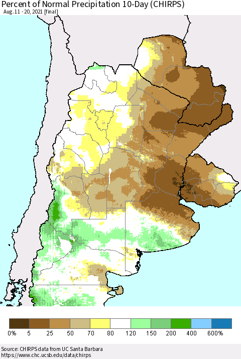 Southern South America Percent of Normal Precipitation 10-Day (CHIRPS) Thematic Map For 8/11/2021 - 8/20/2021