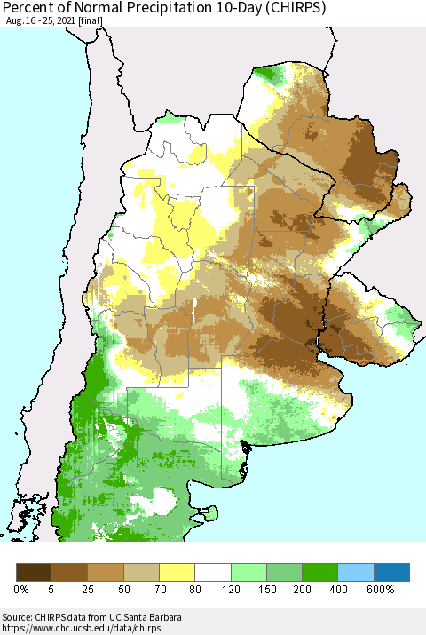 Southern South America Percent of Normal Precipitation 10-Day (CHIRPS) Thematic Map For 8/16/2021 - 8/25/2021