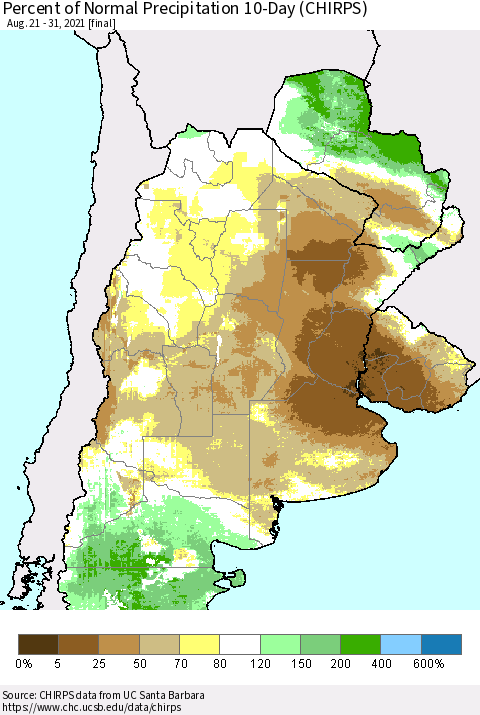 Southern South America Percent of Normal Precipitation 10-Day (CHIRPS) Thematic Map For 8/21/2021 - 8/31/2021