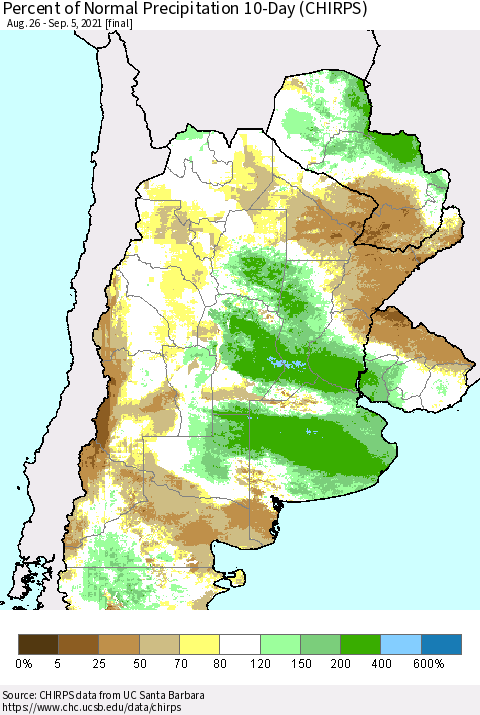 Southern South America Percent of Normal Precipitation 10-Day (CHIRPS) Thematic Map For 8/26/2021 - 9/5/2021