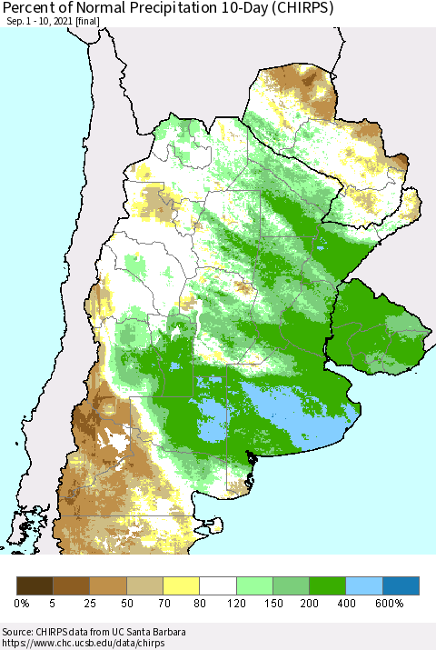 Southern South America Percent of Normal Precipitation 10-Day (CHIRPS) Thematic Map For 9/1/2021 - 9/10/2021