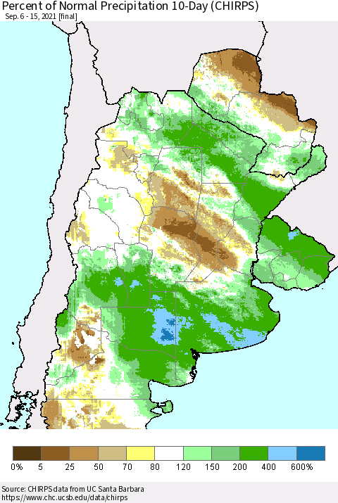 Southern South America Percent of Normal Precipitation 10-Day (CHIRPS) Thematic Map For 9/6/2021 - 9/15/2021