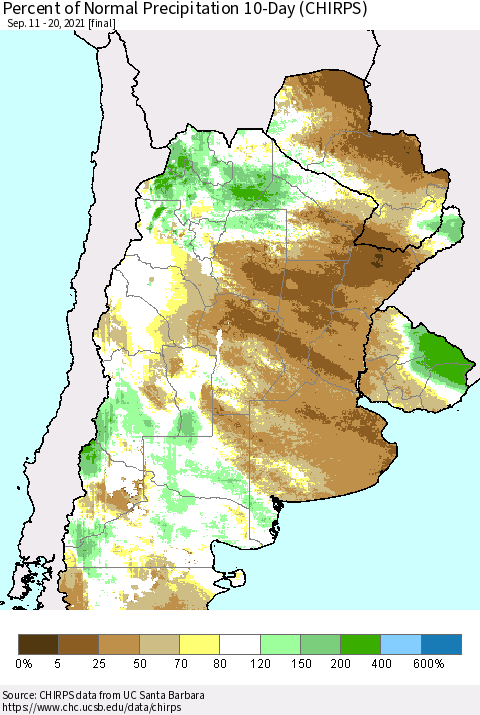 Southern South America Percent of Normal Precipitation 10-Day (CHIRPS) Thematic Map For 9/11/2021 - 9/20/2021