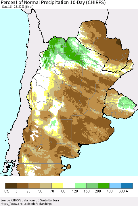 Southern South America Percent of Normal Precipitation 10-Day (CHIRPS) Thematic Map For 9/16/2021 - 9/25/2021
