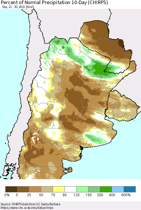 Southern South America Percent of Normal Precipitation 10-Day (CHIRPS) Thematic Map For 9/21/2021 - 9/30/2021