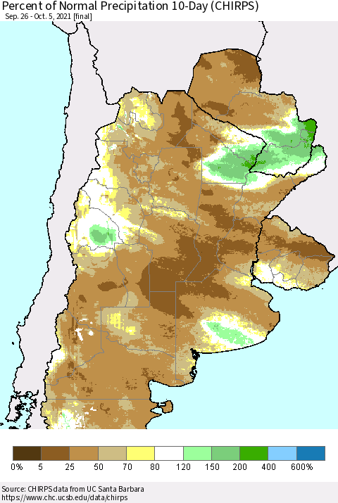 Southern South America Percent of Normal Precipitation 10-Day (CHIRPS) Thematic Map For 9/26/2021 - 10/5/2021