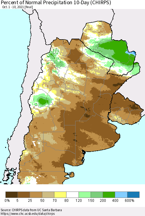 Southern South America Percent of Normal Precipitation 10-Day (CHIRPS) Thematic Map For 10/1/2021 - 10/10/2021