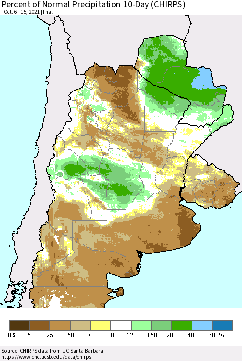 Southern South America Percent of Normal Precipitation 10-Day (CHIRPS) Thematic Map For 10/6/2021 - 10/15/2021