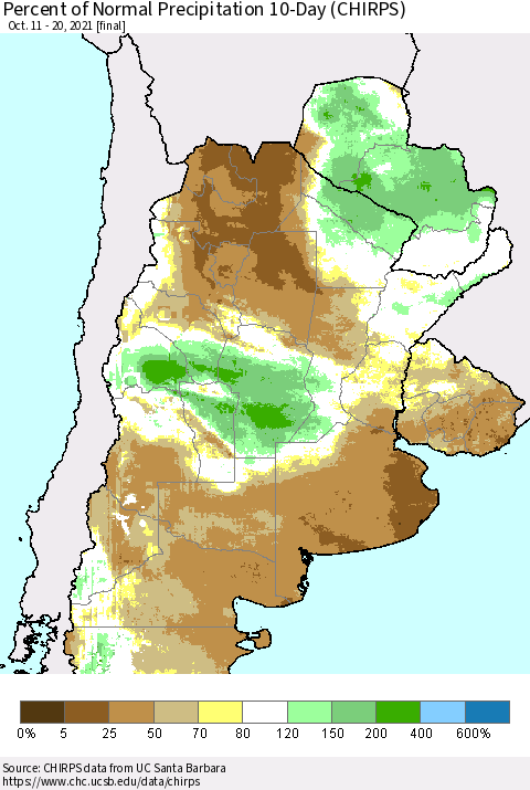 Southern South America Percent of Normal Precipitation 10-Day (CHIRPS) Thematic Map For 10/11/2021 - 10/20/2021