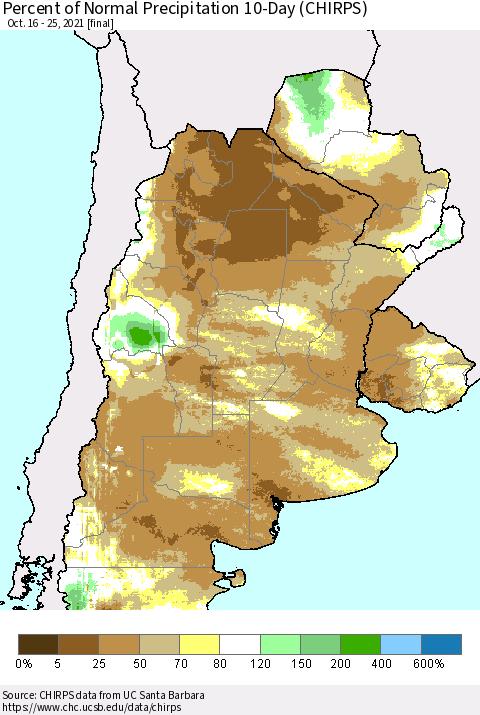 Southern South America Percent of Normal Precipitation 10-Day (CHIRPS) Thematic Map For 10/16/2021 - 10/25/2021