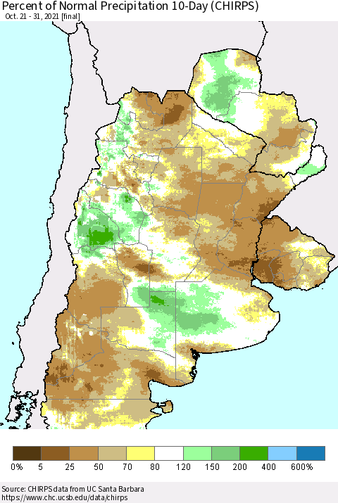 Southern South America Percent of Normal Precipitation 10-Day (CHIRPS) Thematic Map For 10/21/2021 - 10/31/2021