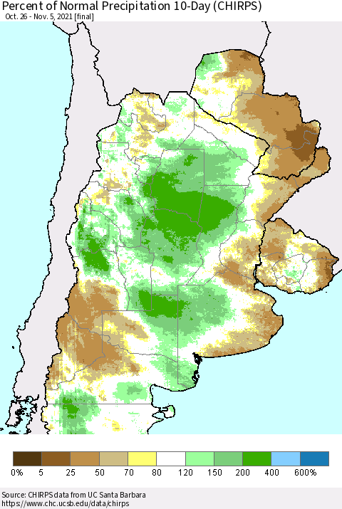 Southern South America Percent of Normal Precipitation 10-Day (CHIRPS) Thematic Map For 10/26/2021 - 11/5/2021