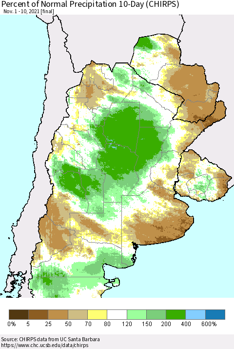 Southern South America Percent of Normal Precipitation 10-Day (CHIRPS) Thematic Map For 11/1/2021 - 11/10/2021