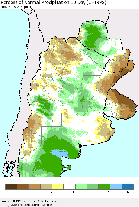 Southern South America Percent of Normal Precipitation 10-Day (CHIRPS) Thematic Map For 11/6/2021 - 11/15/2021