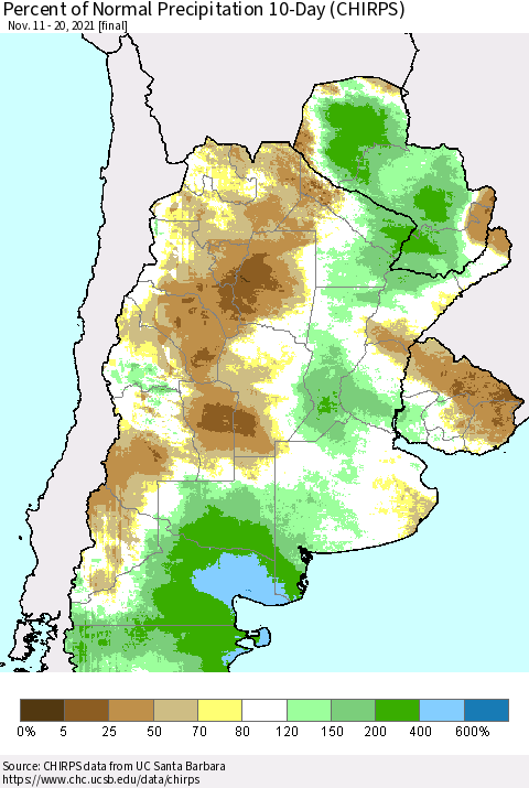 Southern South America Percent of Normal Precipitation 10-Day (CHIRPS) Thematic Map For 11/11/2021 - 11/20/2021