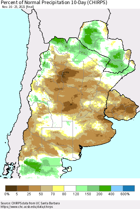 Southern South America Percent of Normal Precipitation 10-Day (CHIRPS) Thematic Map For 11/16/2021 - 11/25/2021