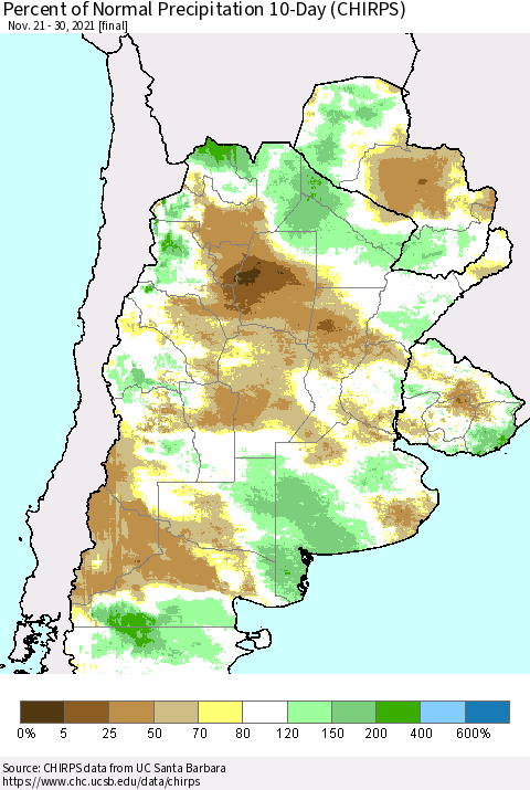 Southern South America Percent of Normal Precipitation 10-Day (CHIRPS) Thematic Map For 11/21/2021 - 11/30/2021
