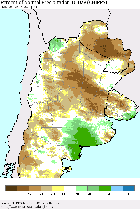 Southern South America Percent of Normal Precipitation 10-Day (CHIRPS) Thematic Map For 11/26/2021 - 12/5/2021