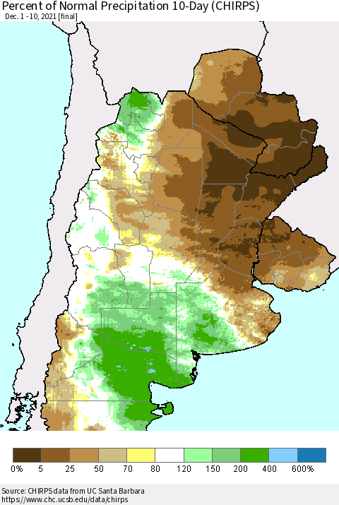 Southern South America Percent of Normal Precipitation 10-Day (CHIRPS) Thematic Map For 12/1/2021 - 12/10/2021