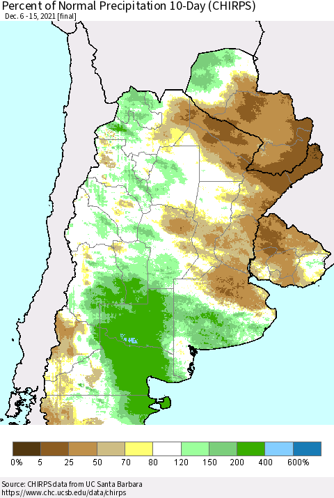 Southern South America Percent of Normal Precipitation 10-Day (CHIRPS) Thematic Map For 12/6/2021 - 12/15/2021