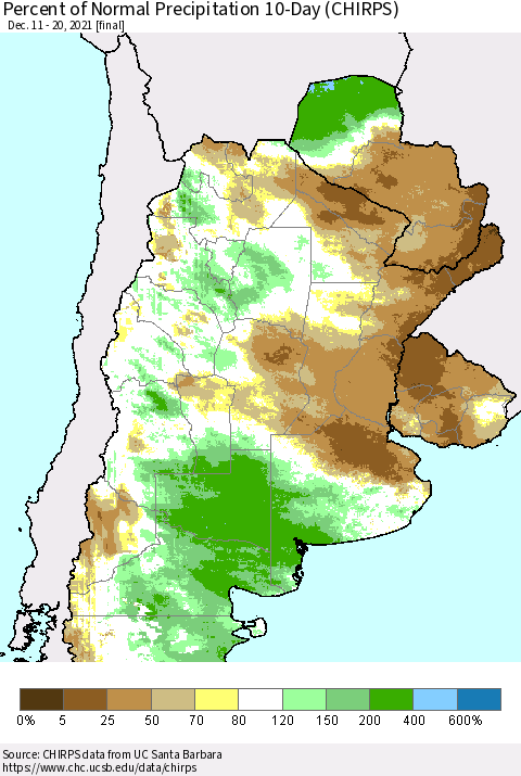 Southern South America Percent of Normal Precipitation 10-Day (CHIRPS) Thematic Map For 12/11/2021 - 12/20/2021