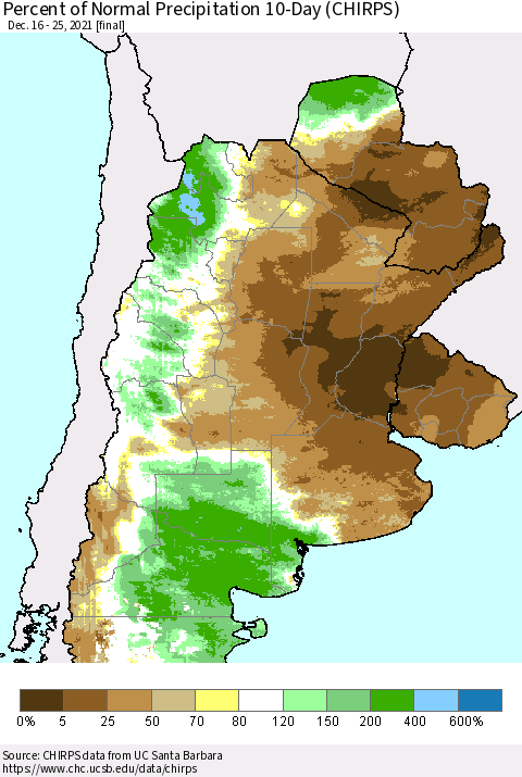 Southern South America Percent of Normal Precipitation 10-Day (CHIRPS) Thematic Map For 12/16/2021 - 12/25/2021