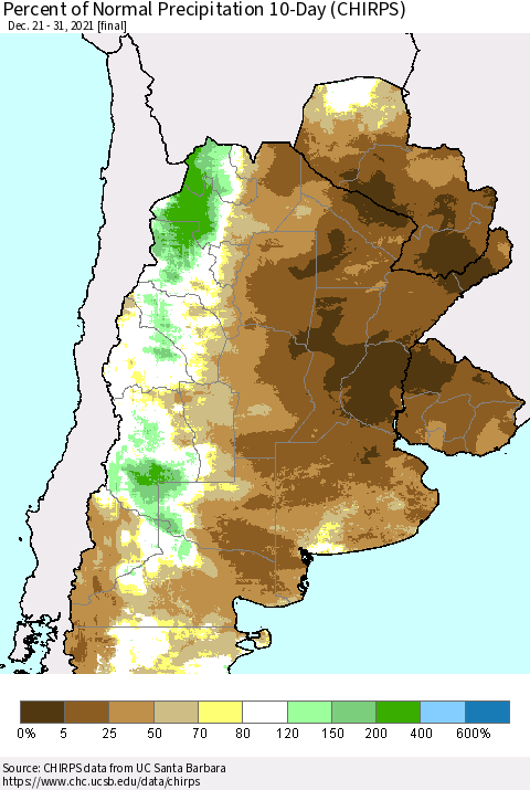 Southern South America Percent of Normal Precipitation 10-Day (CHIRPS) Thematic Map For 12/21/2021 - 12/31/2021