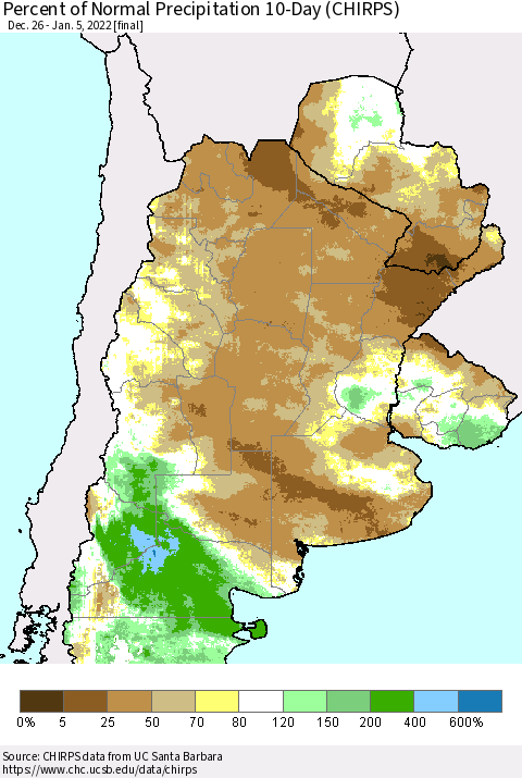 Southern South America Percent of Normal Precipitation 10-Day (CHIRPS) Thematic Map For 12/26/2021 - 1/5/2022
